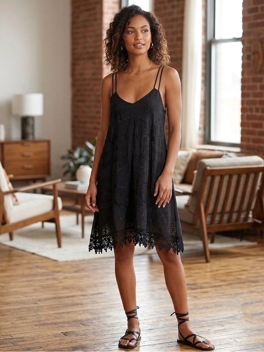 Millau Black Lace Embroidered Low Cut Back Boho Dress Size M